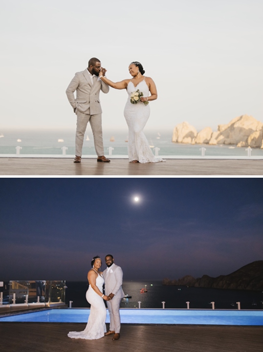 Two wedding photos. In the top image, the beautiful couple stands on a pier, with the groom kissing the bride's hand; rocky cliffs and the sea are in the background. In the bottom image, they stand by a pool under a night sky, holding hands and smiling.